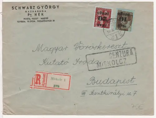 Ungarn 1945, 10/80+20/30 P. Überdruckmarken auf Reko Zensur Brief v. Miskole