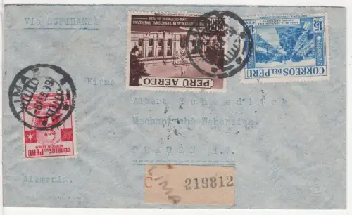 Peru 1939, 3 Marken auf Lufthansa Luftpost Einschreiben Brief v. Lima n. Plauen