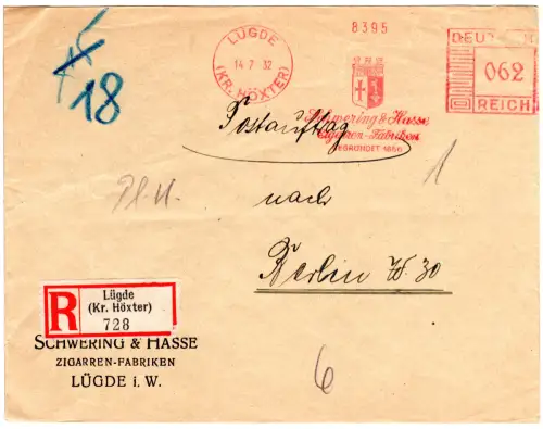 DR 1932, 62 Pf. AFSt. Schwering & Hasse Zigarren auf Postauftrag Brief v. Lügde