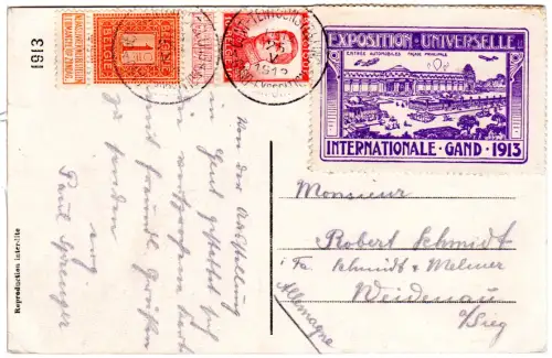 Belgien 1913, 1+10 C. u. Vignette auf AK m. Weltausstellungs Sonderstempel