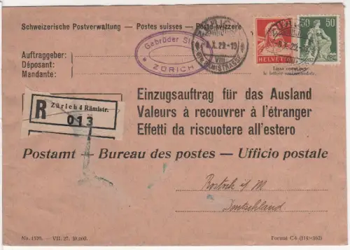 Schweiz 1929, 20+50 C. auf Reko Einzugsauftrag f.d. Ausland v. Zürich 