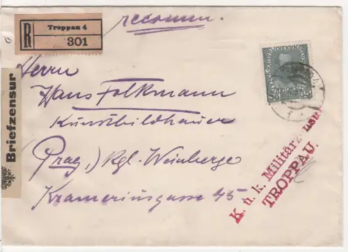 Österreich 1916, 35 H. auf Einschreiben Zensur Brief v. Troppau n. Prag.