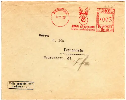DR 1935, 3 Pf. AFSt. Ketels & Hagemann Zigarren... auf Brief v. Orsoy
