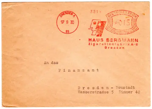 DR 1930, 15 Pf. AFSt. Haus Bergmann Zigarettenfabrik A-G auf Brief v. Dresden