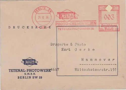 DR 1936, 3 Pf. AFSt. TETENAL Photo-Chemikalien auf Karte v. Berlin
