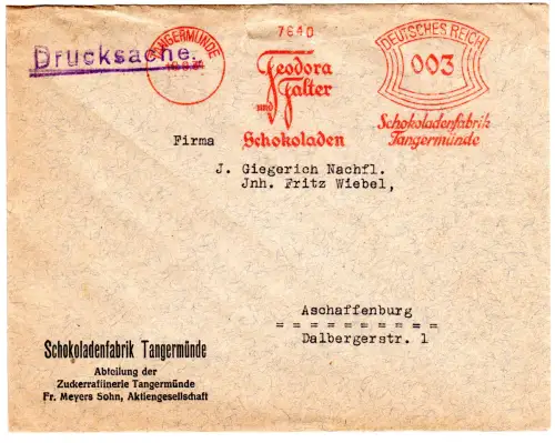 DR 1934, 3 Pf. AFSt. Feodora und Falter Schokoladen auf Brief v. Tangermünde