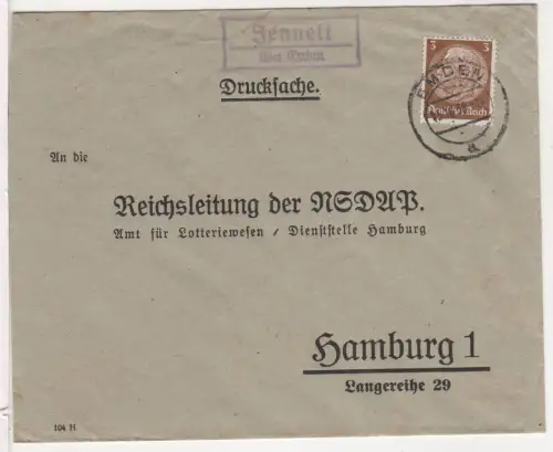 DR 1938, Landpost Stpl. JENNELT über Emden auf NSDAP Brief m. 3 Pf.