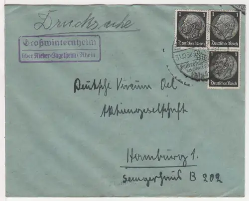 DR 1938, Landpost Stpl. GROSSWINTERNHEIM über Nieder-Ingelheim auf Brief m. 3 Pf