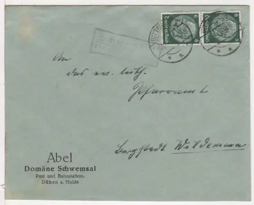 DR 1933, Landpost Stpl. SCHWEMSAL über Düben an der Mulde auf Brief m. 2x6 Pf.