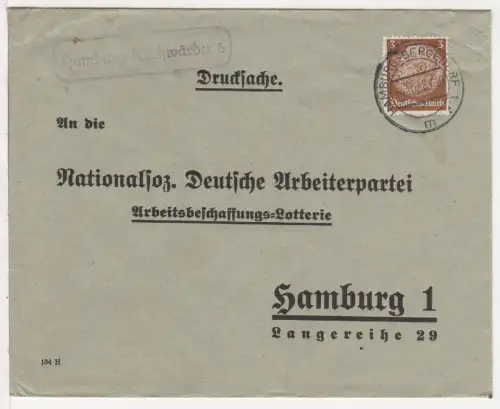 DR 1938, Landpost Stpl. HAMBURG-KIRCHWÄRDER 5 auf NSDAP Brief m. 3 Pf.
