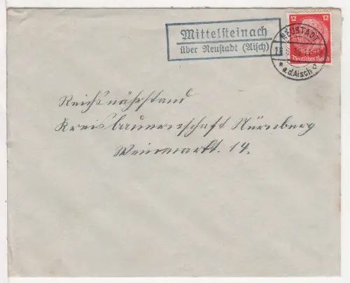 DR 1936, Landpost Stpl. MITTELSTEINACH über Neustadt (Aisch) auf Brief m. 12 Pf.