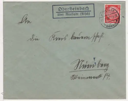 DR 1936, Landpost Stpl. OBERSTEINBACH über Neustadt (Aisch) auf Brief m. 12 Pf.