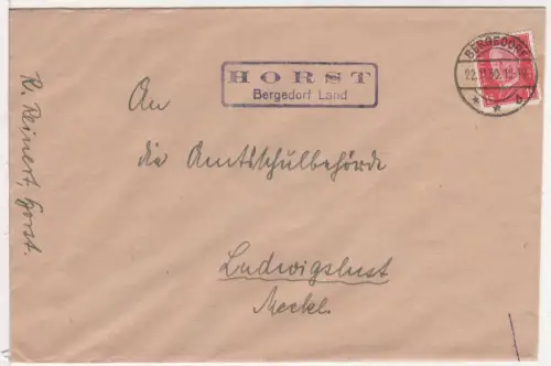 DR 1930, Landpost Stpl. HORST Bergedorf Land auf Brief m. 15 Pf.