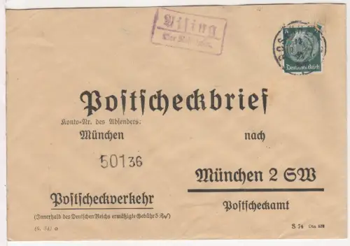 DR 1935, Landpost Stpl. AISING über Rosenheim auf Postscheckbrief m. 6 Pf.