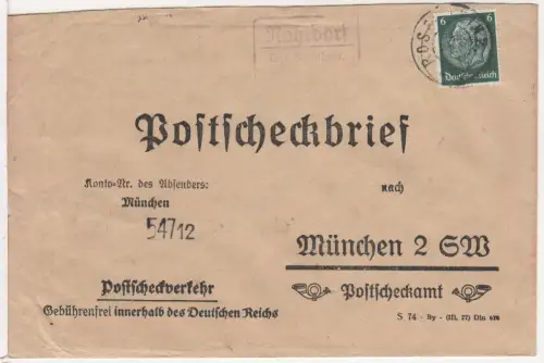DR 1934, Landpost Stpl. ROHRDORF über Rosenheim auf Postscheck-Brief m. 6 Pf.