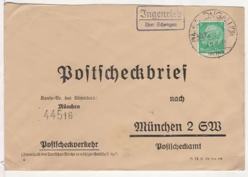 DR 1935, Landpost Stpl. INGENRIED über Schongau auf Postscheck-Brief m. 5 Pf.