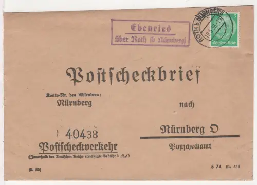 DR 1936, Landpost Stpl. EBENRIED über Roth auf Postscheck-Brief m. 5 Pf.