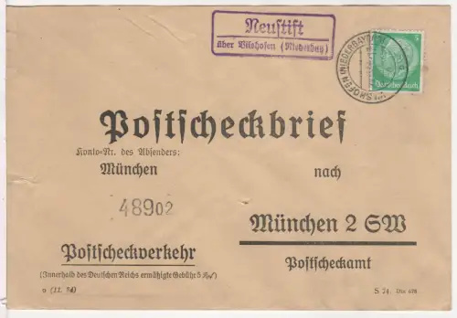 DR 1939, Landpost Stpl. NEUSTIFT über Vilshofen auf Postscheck-Brief m. 5 Pf.
