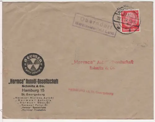 DR 1934, Landpost Stpl. OBERNDORF MARKTHEIDENFELD LAND auf Brief m. 12 Pf.
