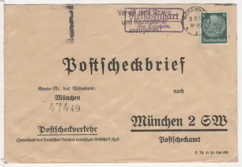 DR 1935, Landpost Stpl. REISCHENHART über Rosenheim auf Postscheck-Brief m. 6 Pf