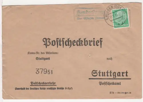DR 1935, Landpost Stpl. HUNDERSINGEN über Ehingen auf Postscheck-Brief m. 5 Pf