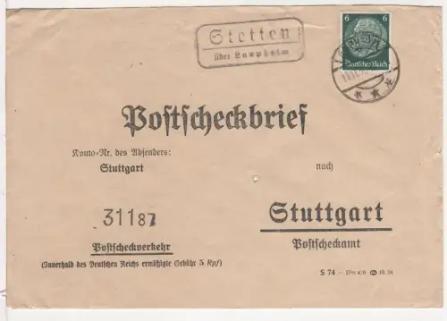 DR 1936, Landpost Stpl. STETTEN über Laupheim auf Postscheck-Brief m. 6 Pf.