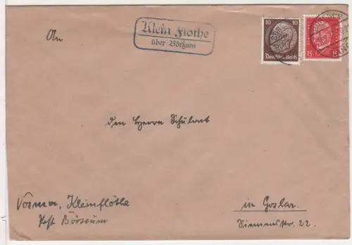DR 1933, Landpost Stpl. KLEIN FLÖTHE über Börssum auf Brief m. 10+15 Pf.