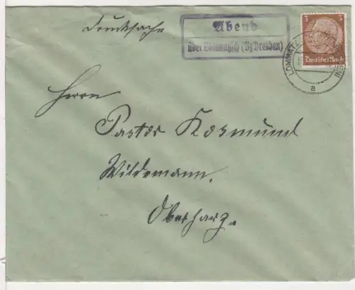 DR 1937, Landpost Stpl. ABEND über Lommatzsch (Bz. Dresden) auf Brief m. 3 Pf.
