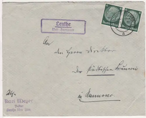 DR 1935, Landpost Stpl. LENTHE über Hannover auf Brief m. 2x6 Pf.