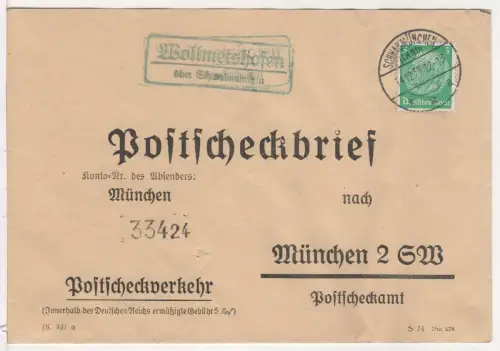 DR 1935, Landpost Stpl. WOLLMETSHOFEN über Schwabmünchen auf PS-Brief m. 5 Pf.