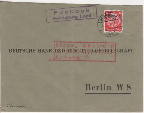 DR 1934, Landpost Stpl. FOCKBEK RENDSBURG LAND auf Brief m. 12 Pf.