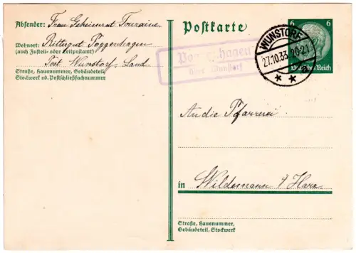 DR 1933, Landpost Stpl. POGGENHAGEN über Wunstorf auf 6 Pf. Ganzsache.