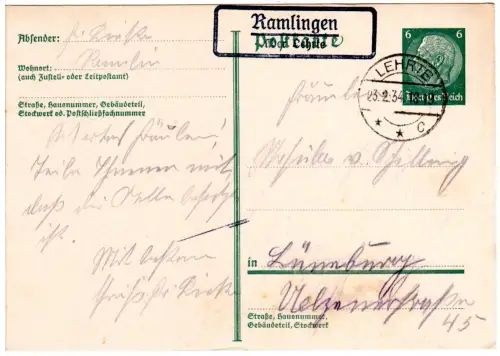 DR 1934, Landpost Stpl. RAMLINGEN über Lehrte auf 6 Pf. Ganzsache.