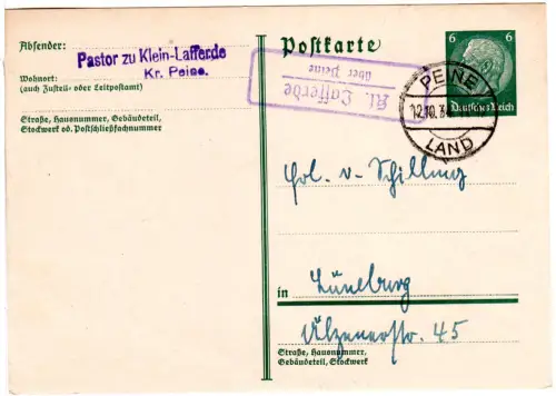 DR 1934, Landpost Stpl. KL. LAFFERDE über Peine auf 6 Pf. Ganzsache.