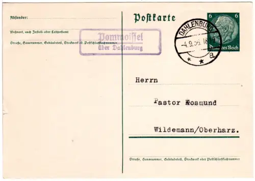 DR 1936, Landpost Stpl. POMMOISSEL über Dahlenburg auf 6 Pf. Ganzsache.