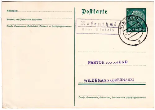 DR 1937, Landpost Stpl. ROSENTHAL über Rinteln auf 6 Pf. Ganzsache.