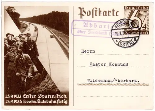DR 1937, Landpost Stpl. ABBARTEN über Friedland (Ostm.) auf 6 Pf. Ganzsache.