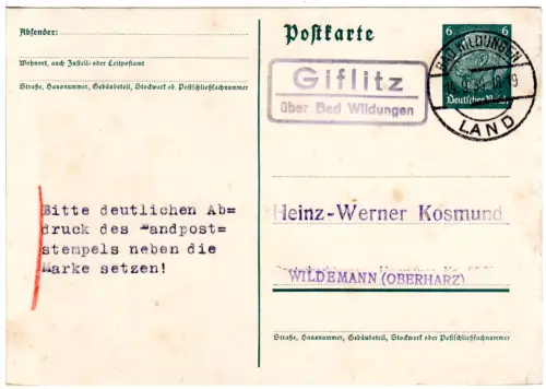 DR 1938, Landpost Stpl. GIFLITZ über Bad Wildungen auf 6 Pf. Ganzsache.
