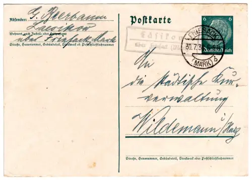 DR 1938, Landpost Stpl. LAESIKOW über Friesack (Mark) auf 6 Pf. Ganzsache.
