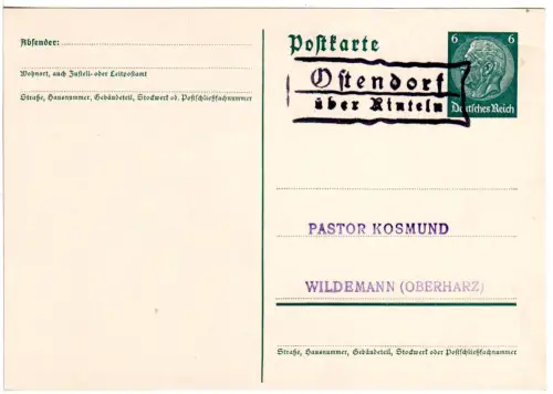 DR, Landpost Stpl. OSTENDORF über Rinteln auf 6 Pf. Ganzsache.
