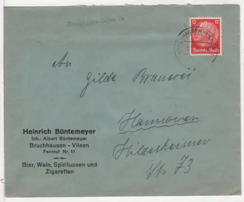DR 1936, L1-Landpost Stpl. BRUCHHAUSEN-VILSEN A auf Brief m. 12 Pf.