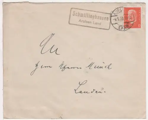 DR 1933, Landpost Stpl. SCHMILLINGHAUSEN AROLSEN LAND auf Brief m. 12 Pf.