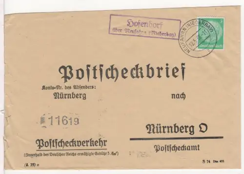 DR 1936, Landpost Stpl. HOFENDORF über Neufahrn auf Postscheck-Brief m. 5 Pf.