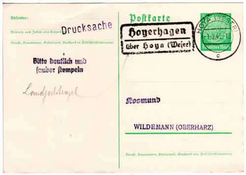 DR 1940, Landpost Stpl. HOYERHAGEN über Hoya (Weser) auf 5 Pf. Ganzsache