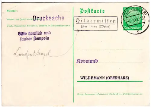 DR 1940, Landpost Stpl. HILGERMISSEN über Hoya (Weser) auf 5 Pf. Ganzsache