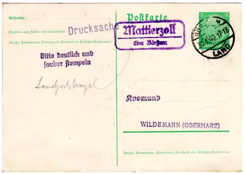 DR 1940, Landpost Stpl. MATTIERZOLL über Börssum auf 5 Pf. Ganzsache
