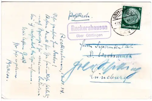 DR 1934, Landpost Stpl. RECKERSHAUSEN über Göttingen auf Karte m. 6 Pf.