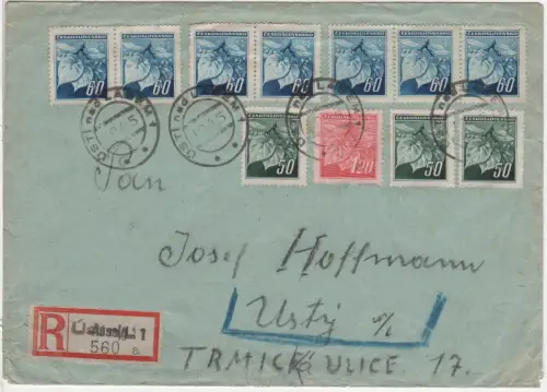 Tschechoslowaki 1945, 11 Marken auf Einschreiben Brief v. Aussig