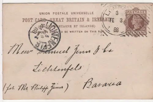 GB 1888, 1d Ganzsache m. Hoster Maschinenstpl. v. London n. Bayern