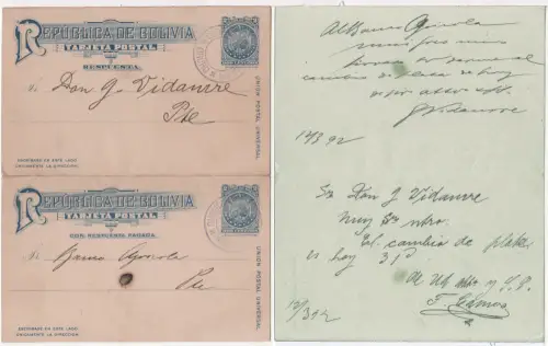 Bolivia 1892, 2+2 C. doublecard statinery, both parts used with messages